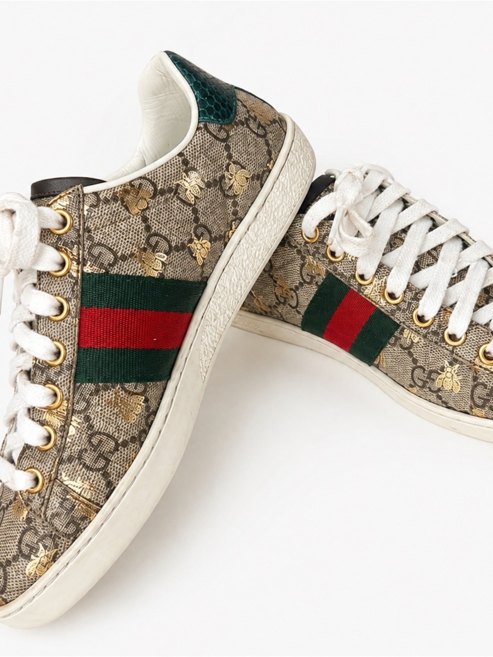 Gucci Beige GG Bee Ace Sneaker with Red and Green Web